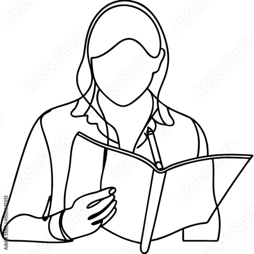 Designer reviewing sketches on pad. Creative professional woman carefully examines design ideas in notebook.  Stylish illustration for branding and marketing materials showcasing design process.