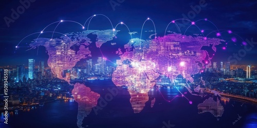 A digital illustration of the Earth with global network connections linking cities across continents, symbolizing connectivity and technology's role in speeding up business growth Generative AI