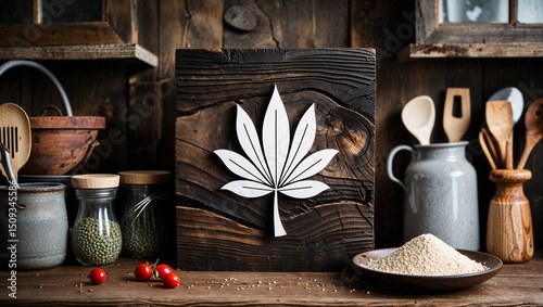 White Leaf Symbol on Dark Wood Block in Rustic Kitchen Setting