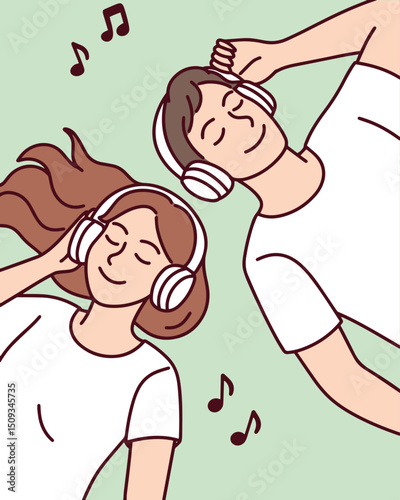 Couple lying closely, eyes closed, both with headphones enjoying shared music experience on soft green pastel background. Peaceful, intimate, and joyful vibe for modern lifestyle