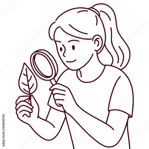 Minimal black and white line illustration of a young girl examining a leaf with a magnifying glass. Represents curiosity, science learning, and nature exploration