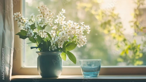 A vase of white flowers sits on a windowsill next to a blue glass. The flowers are in full bloom, and the sunlight streaming in through the window illuminates the scene