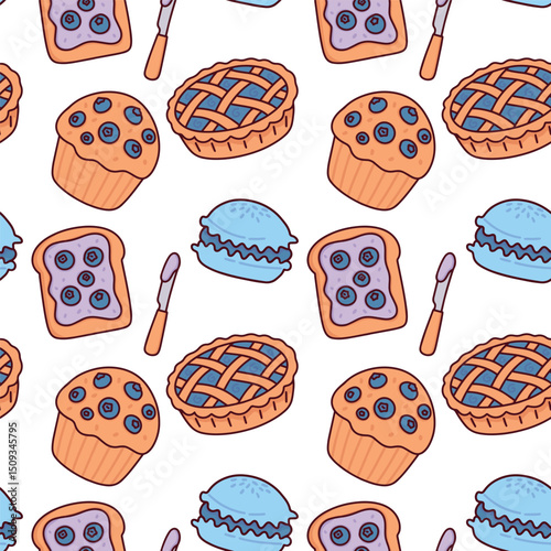 Seamless pattern of various baked goods including muffins, pies, cookies, and tarts in playful style. Perfect for packaging, cafe branding, textile prints, and stationery