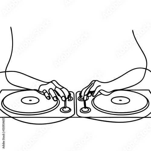 DJ spinning turntables line art illustration.  DJ using professional turntables mixing music. Creative line drawing of DJ hands on decks perfect for music posters and flyers.
