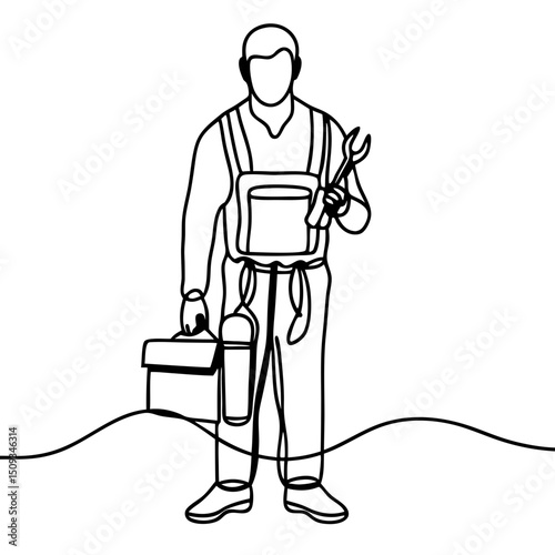 Electrician with tools and toolbox. Skilled electrician holding wrench and toolbox, ready for work. Professional electrician image for website or brochure.