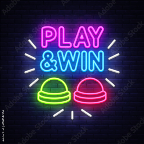 Play and win quiz neon sign. Vector illustration with glowing buttons and bright text PLAY AND WIN on dark wall.