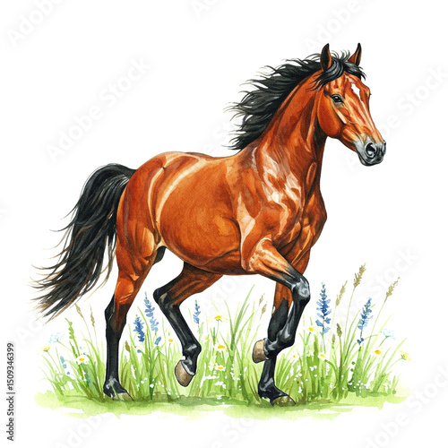 Watercolor Horse Galloping in Meadow for Nature Art and Equestrian Decor