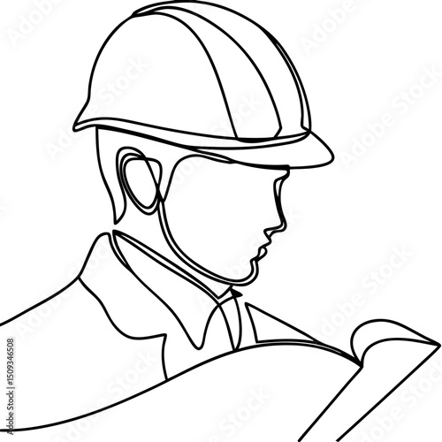 Engineer with hard hat reviewing blueprints. Professional engineer in hard hat examining plans. Construction engineer uses blueprints for project.