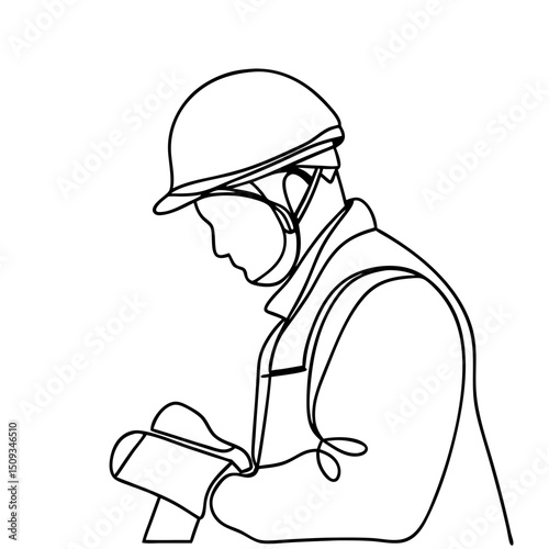 Engineer wearing helmet examining blueprints.  Professional engineer in hard hat reviews construction plans.  Detailed line drawing of engineer with helmet for engineering and construction projects.