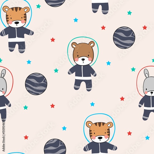 astronaut cute animals and colorful stars pattern design