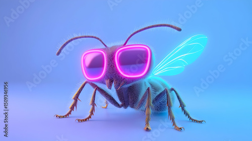 Pixel Art Bee with Neon Sunglasses on Purple Background