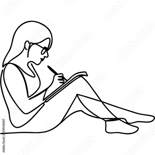 Girl journaling in notebook while sitting on floor. Young woman thoughtfully writes in personal diary.  Girl journaling concept for blogs and social media.