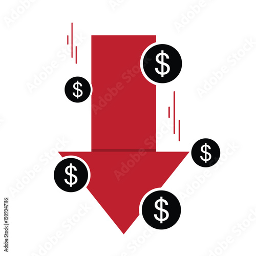 Dollar decrease icon with down arrow