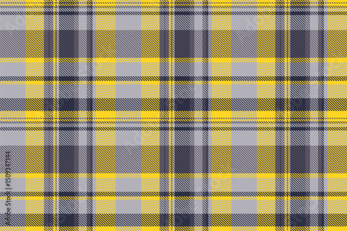 Intricate plaid textile background, scrapbooking seamless texture fabric. Ethnic check vector pattern tartan in antique steel and yellow colors.
