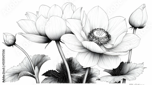 Black And White Stipple Illustration Of Delicate Anemone Flowers