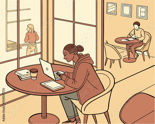 Freelancer Working in Cafe vector illustration