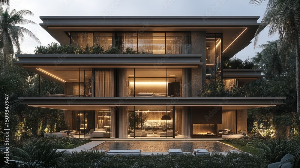 Fototapeta premium Modern, multi-level home with pool at dusk