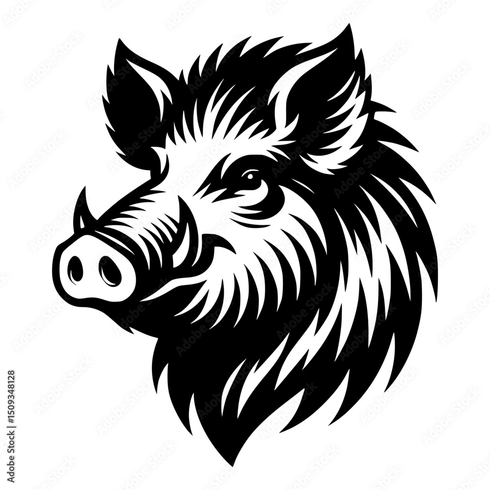 Fototapeta premium A detailed illustration of a fierce wild boar in black and white, with a focused gaze. Its powerful features and sharp tusks create a striking impression