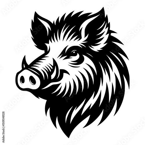 A detailed illustration of a fierce wild boar in black and white, with a focused gaze. Its powerful features and sharp tusks create a striking impression