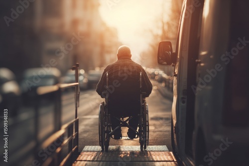 A wheelchair user is accessing a specially designed van for people with accessibility needs by means of a ramp, positioned against a sunny backdrop with a shallow depth of field