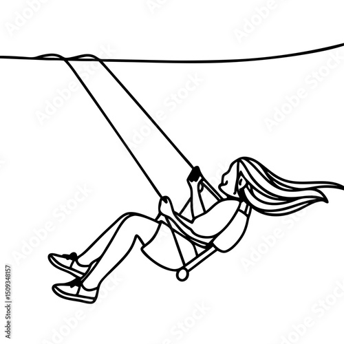 Girl on swing set enjoying carefree childhood moment. Young girl with long hair swinging high, feeling joy and freedom. This whimsical illustration is perfect for children's books, greeting cards,