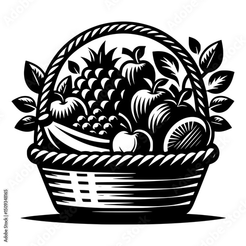 An artistic depiction of a fruit basket overflowing with various fresh fruits. The black and white illustration shows a selection of natural and healthy ingredients in a classic basket