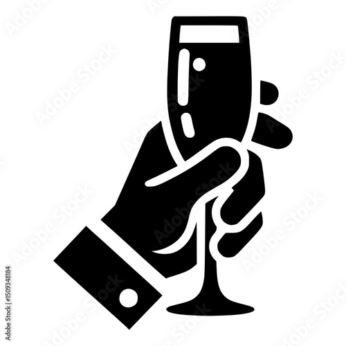 A black silhouette of a hand holding a champagne flute. Cheers to special occasions, celebrations, and moments of joy