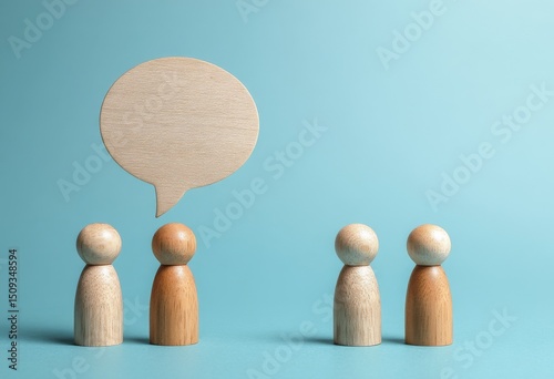 A line of wooden figures stands in front of a speech bubble, symbolizing diverse voices and communication