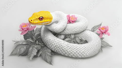 White Snake with Yellow Head Among Pink Flowers and Grey Leaves
