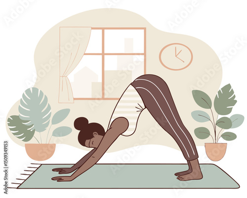 Woman Practicing Yoga at Home vector illustration