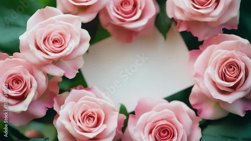 A bouquet of pink roses arranged in a circle around a white piece of paper. The roses are of various sizes and are placed in different positions around the paper