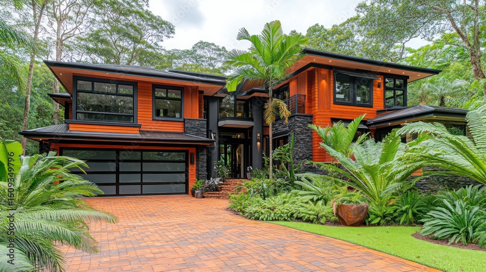 Naklejka premium Modern two-story home with orange exterior, lush landscaping, and dark accents
