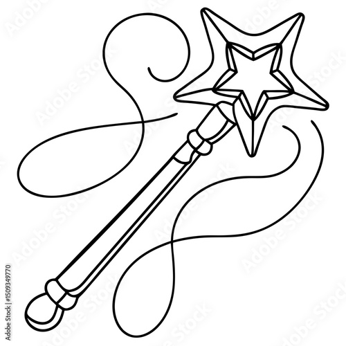 Star-shaped magic wand, line art, black and white, for fantasy design