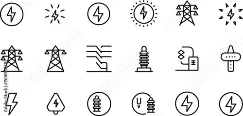 A collection of black and white electricity related icons arranged in a grid pattern on a white background