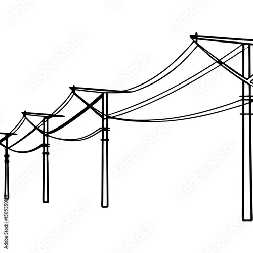 Power lines, sketched illustration, black and white, for engineering diagrams