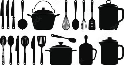 A collection of kitchen utensils and cookware silhouettes arranged on a white background in a row