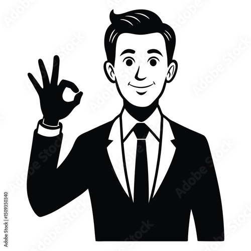 Confident businessman in a suit raising arms and smiling with a thumbs up gesture