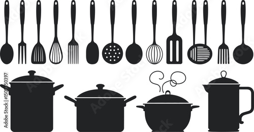 A collection of kitchen utensils and cookware silhouettes arranged on a white background in two rows