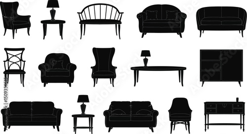 Silhouette illustration of various furniture pieces including sofas chairs and tables in black color