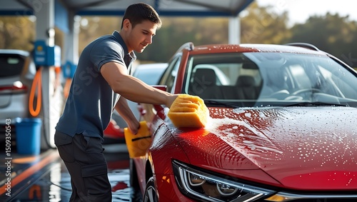 Fotografie Man diligently cleaning a car with a sponge at a self service car wash bay