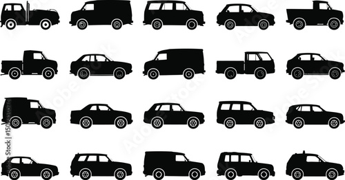Silhouette illustration showcasing various car types including vans trucks and passenger vehicles in black