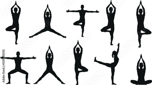 Silhouette illustration showcasing various yoga poses on a white background in a dynamic composition