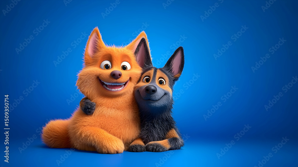 Fototapeta premium Two Cartoon Dogs Embracing on Blue Background