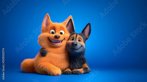 Two Cartoon Dogs Embracing on Blue Background