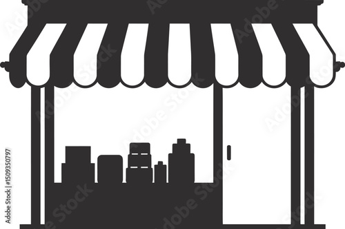 Illustration of a shop with striped awning and a door on the side in black and white simple style