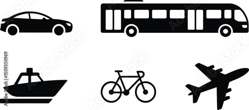 A collection of transportation icons featuring a car bus boat bicycle and airplane in black silhouette on white