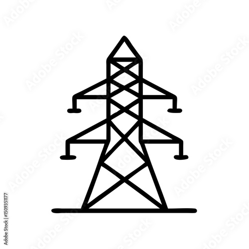 Power transmission tower, line art illustration, black and white, for industrial design