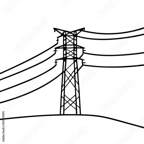 Power transmission tower illustration, black and white, energy infrastructure graphic