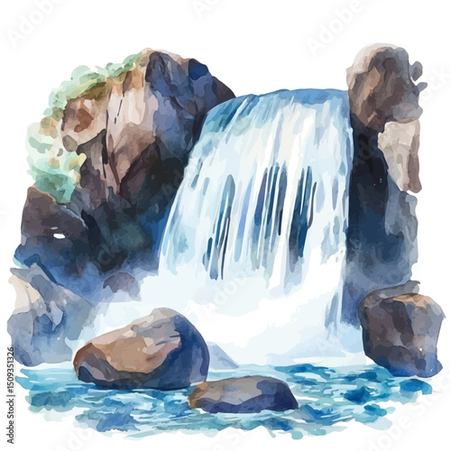 Mystic Waterfall, watercolor painting vector, high quality, isolated on a white background.