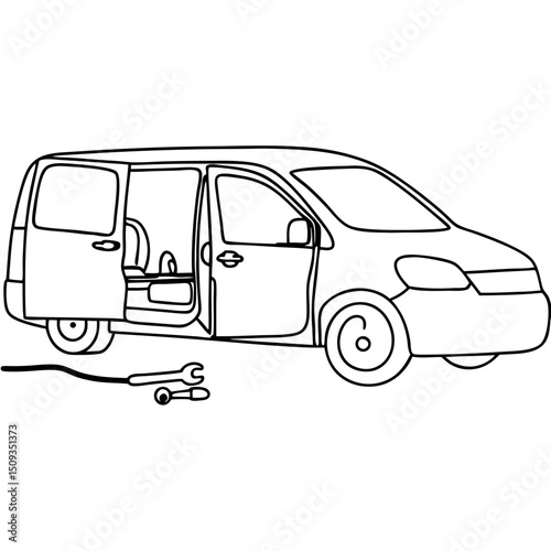 Repair van illustration, monochrome line art, for service manuals